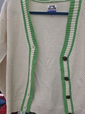 Cream Cardigan with Green Trim